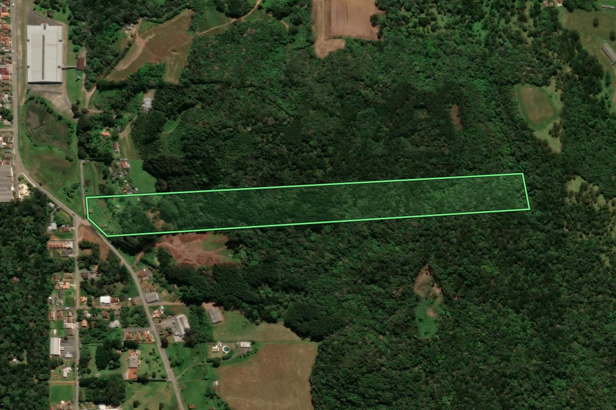 Imagem de satélite do imóvel rural em São Bento do Sul (SC), com o contorno declarado no CAR desenhado por cima.