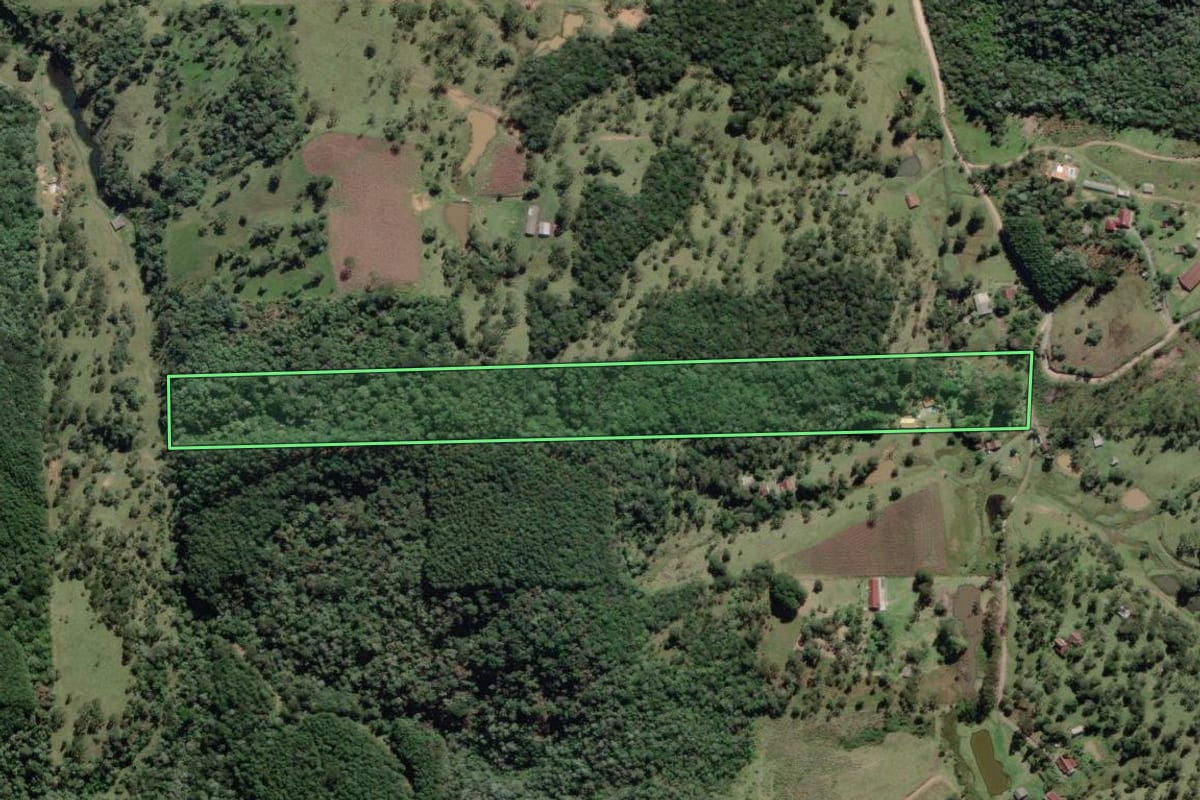 Imagem de satélite do imóvel rural em São Bento do Sul (SC), com o contorno declarado no CAR desenhado por cima.