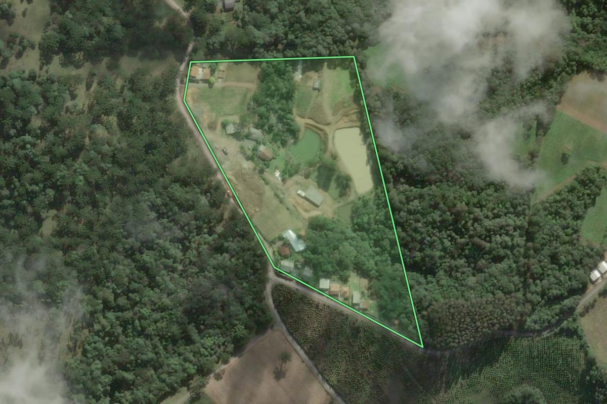 Imagem de satélite do imóvel rural em São Bento do Sul (SC), com o contorno declarado no CAR desenhado por cima.