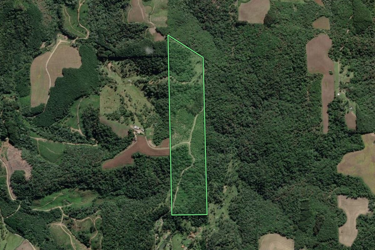 Imagem de satélite do imóvel rural em São Bento do Sul (SC), com o contorno declarado no CAR desenhado por cima.