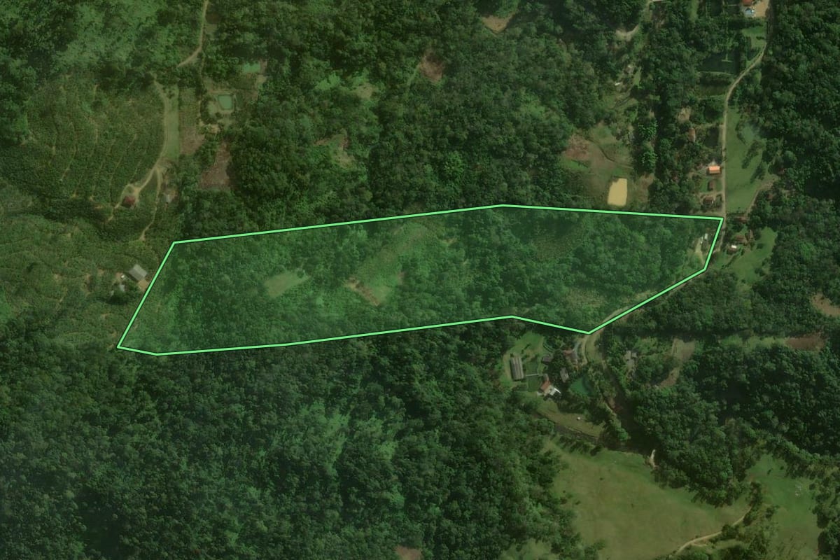 Imagem de satélite do imóvel rural em São Bento do Sul (SC), com o contorno declarado no CAR desenhado por cima.