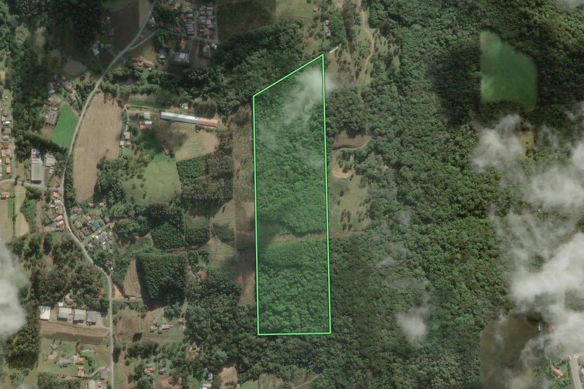 Imagem de satélite do imóvel rural em São Bento do Sul (SC), com o contorno declarado no CAR desenhado por cima.