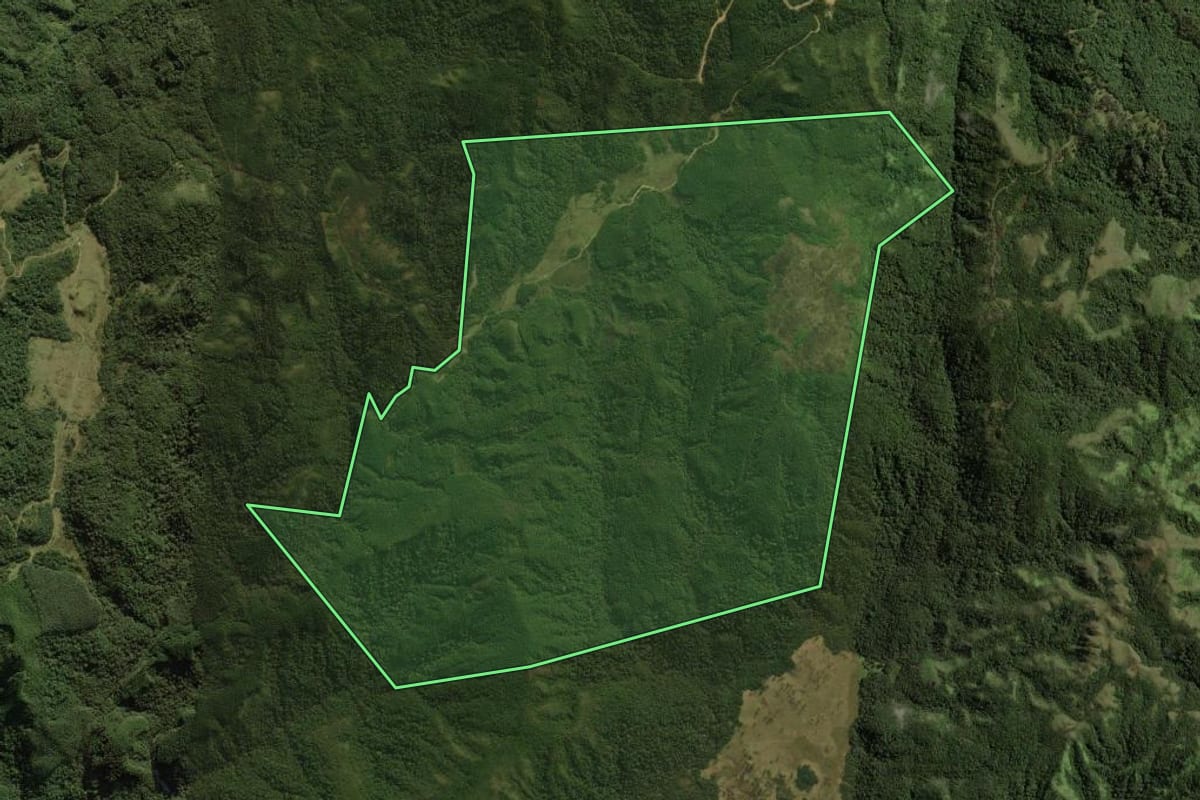 Imagem de satélite do imóvel rural em São Bonifácio (SC), com o contorno declarado no CAR desenhado por cima.