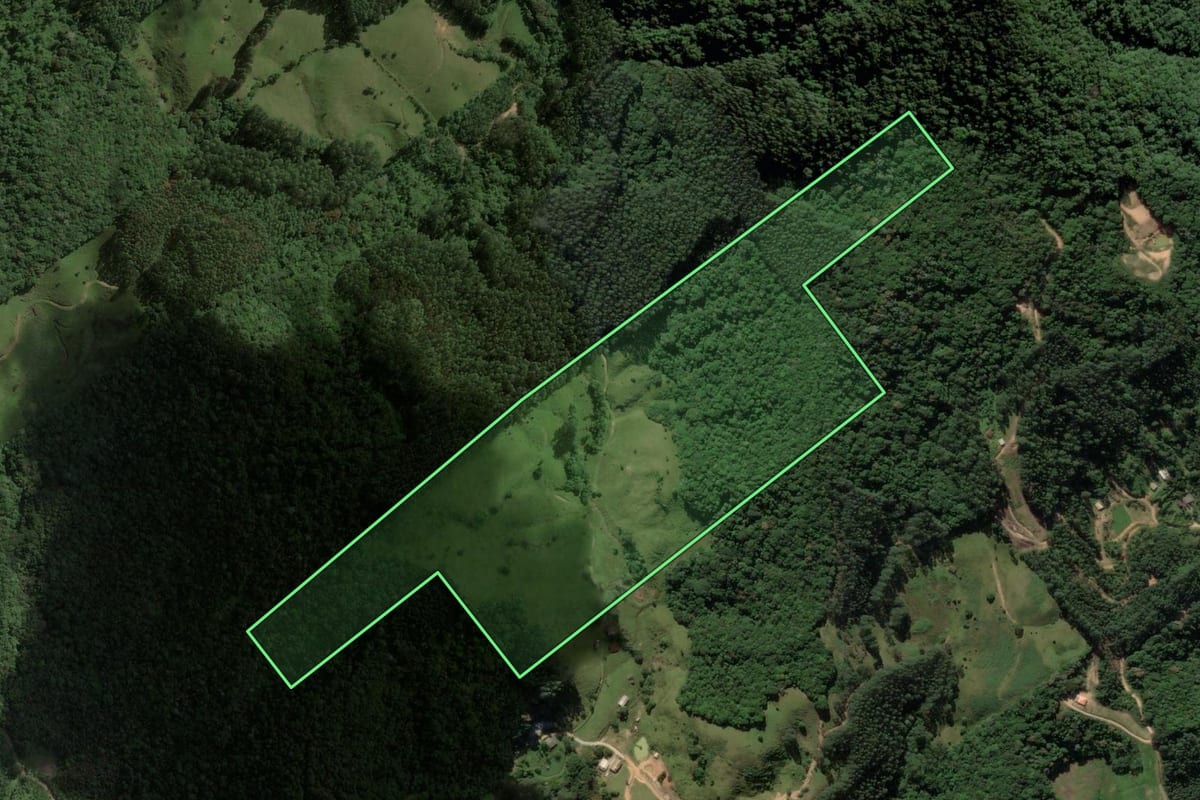 Imagem de satélite do imóvel rural em São Bonifácio (SC), com o contorno declarado no CAR desenhado por cima.
