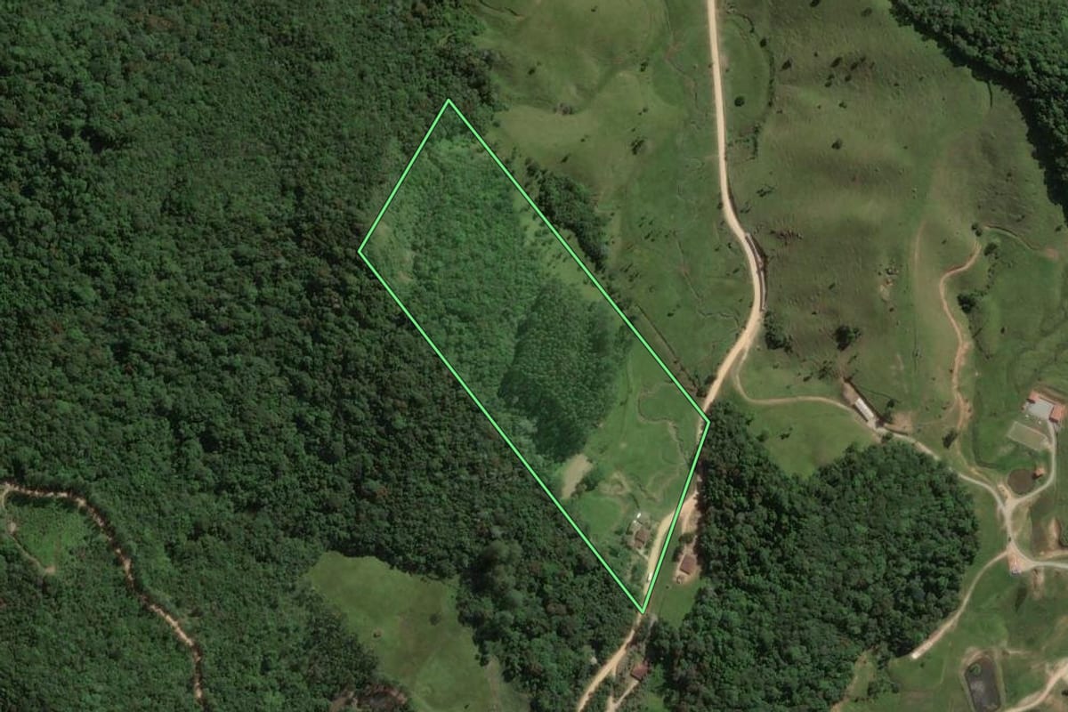 Imagem de satélite do imóvel rural em São Bonifácio (SC), com o contorno declarado no CAR desenhado por cima.