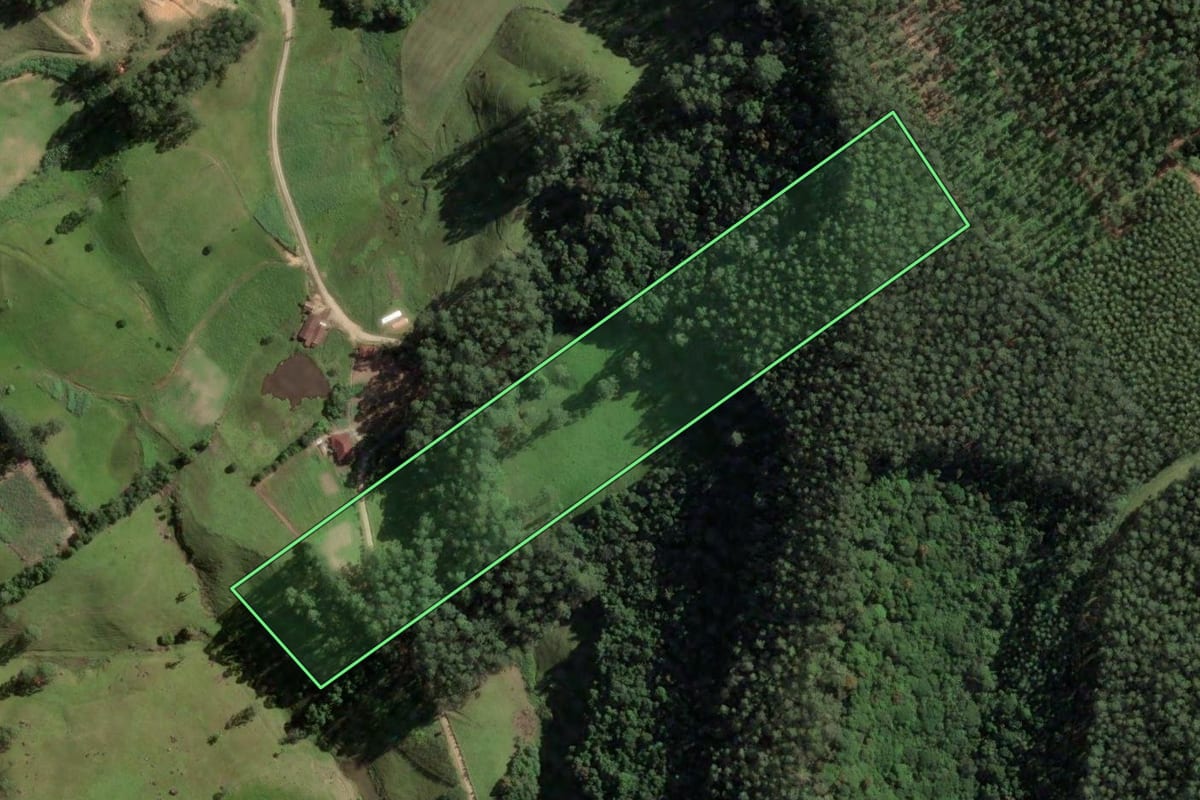 Imagem de satélite do imóvel rural em São Bonifácio (SC), com o contorno declarado no CAR desenhado por cima.