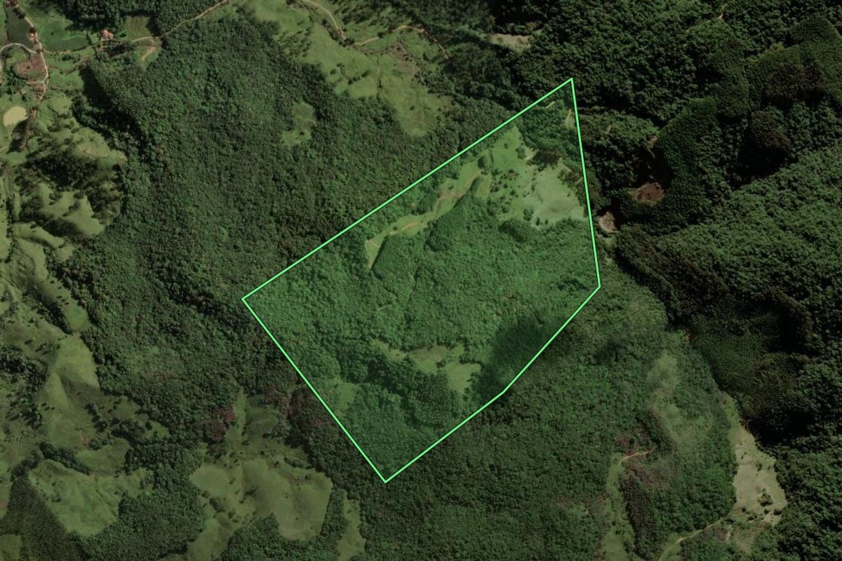 Imagem de satélite do imóvel rural em São Bonifácio (SC), com o contorno declarado no CAR desenhado por cima.
