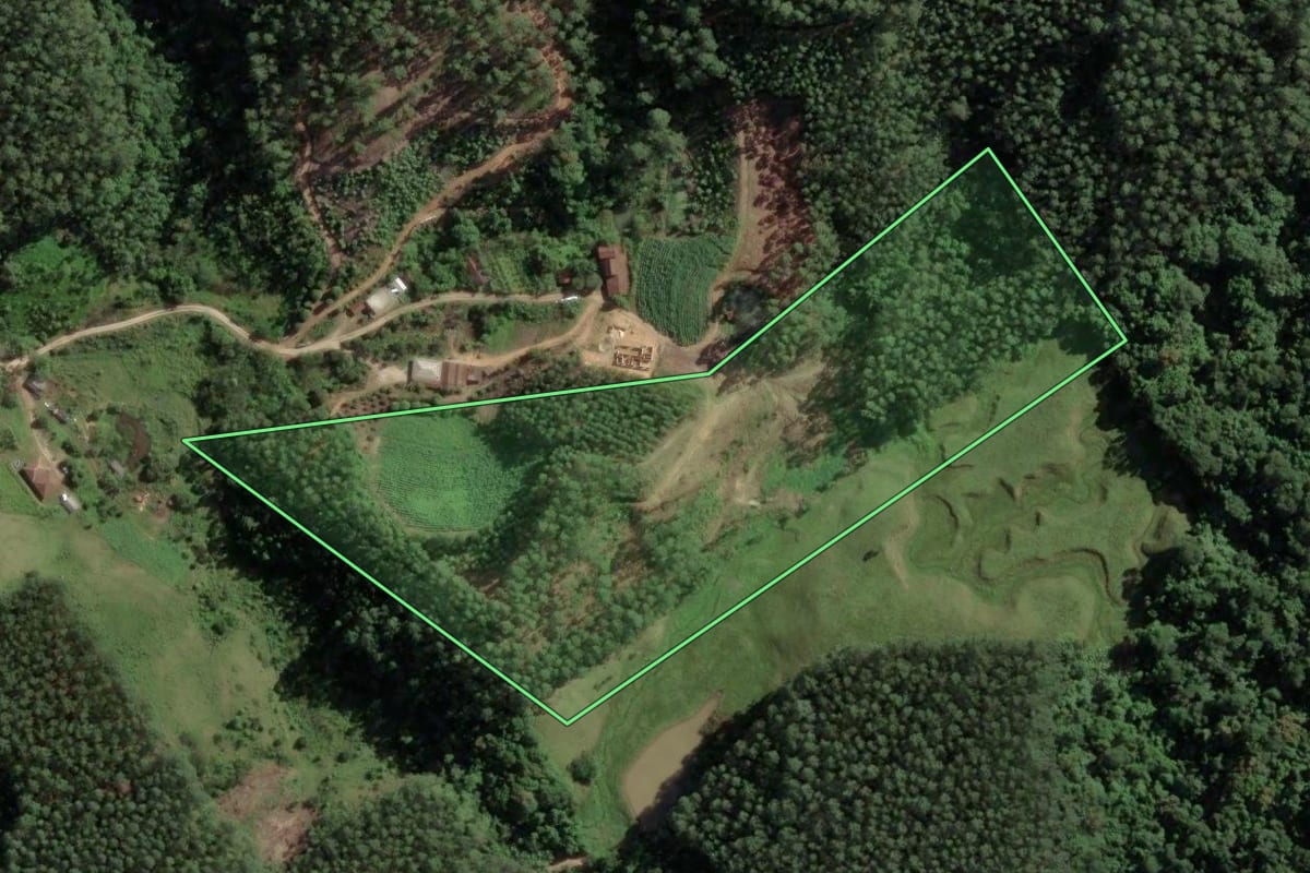Imagem de satélite do imóvel rural em São Bonifácio (SC), com o contorno declarado no CAR desenhado por cima.