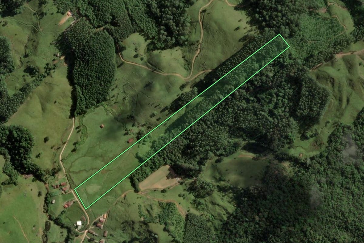 Imagem de satélite do imóvel rural em São Bonifácio (SC), com o contorno declarado no CAR desenhado por cima.