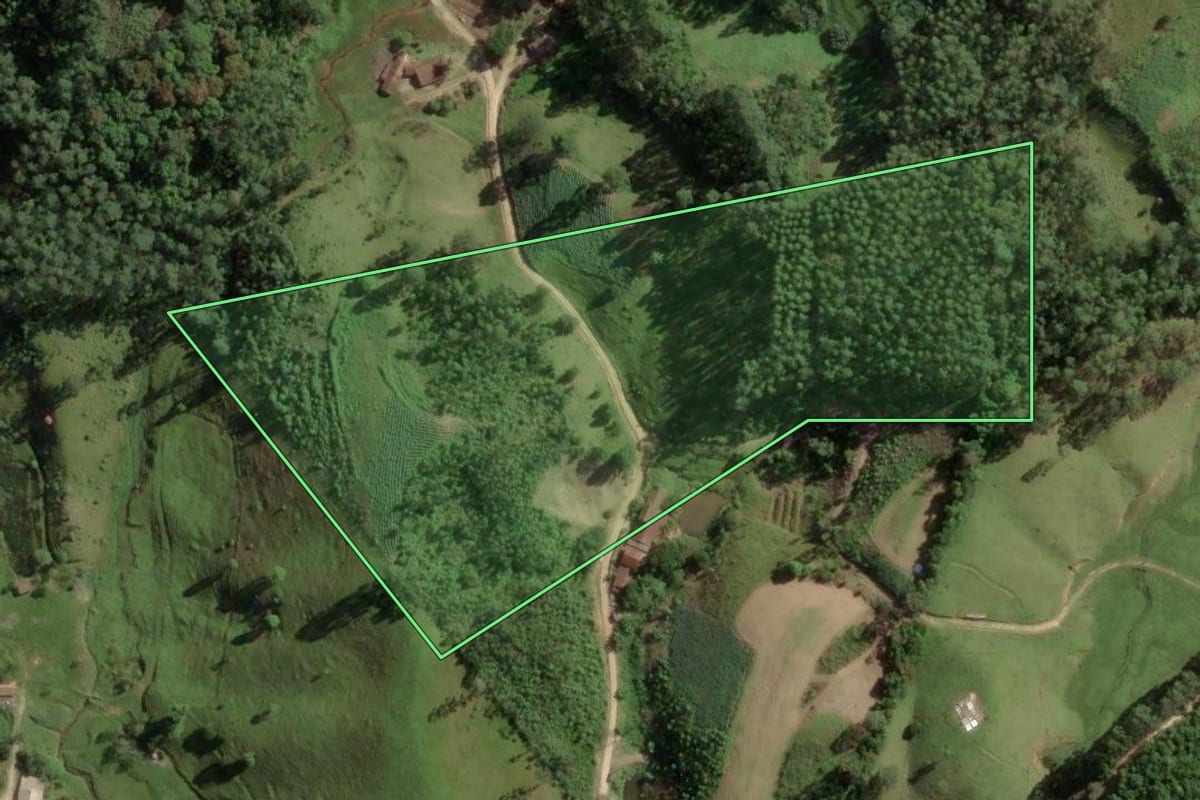 Imagem de satélite do imóvel rural em São Bonifácio (SC), com o contorno declarado no CAR desenhado por cima.