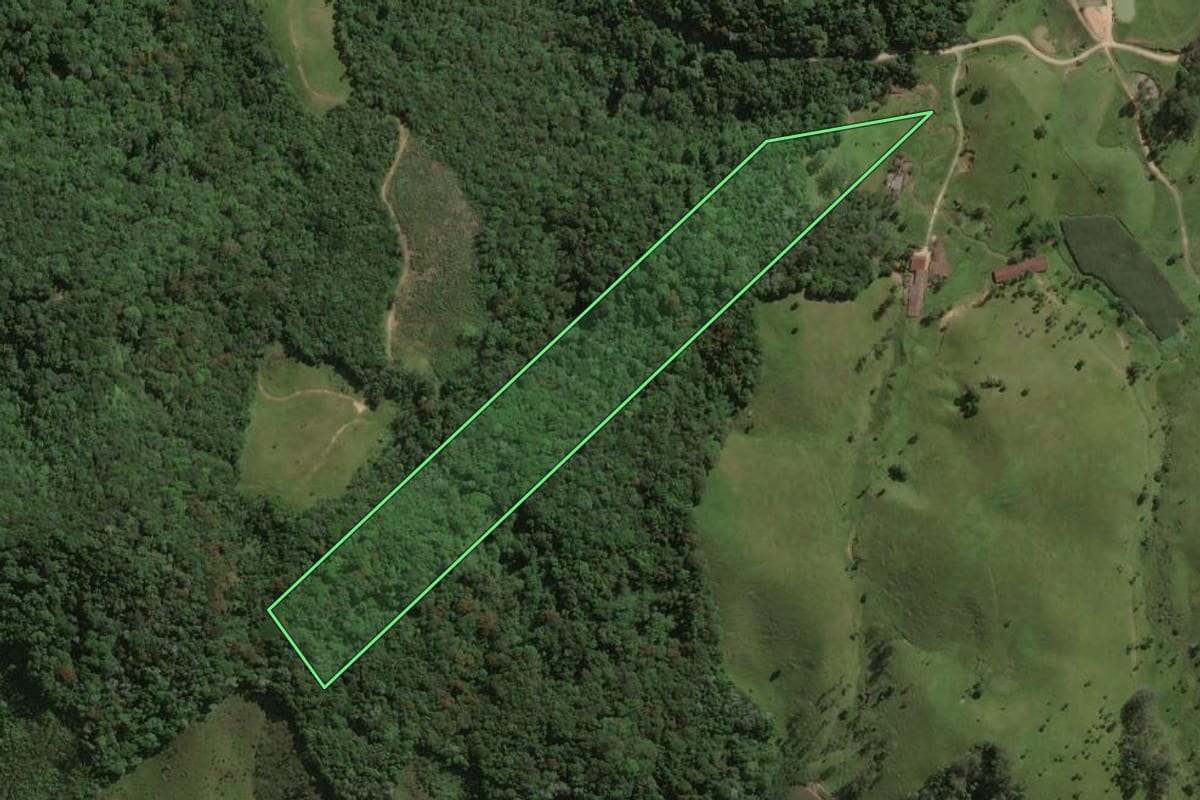 Imagem de satélite do imóvel rural em São Bonifácio (SC), com o contorno declarado no CAR desenhado por cima.