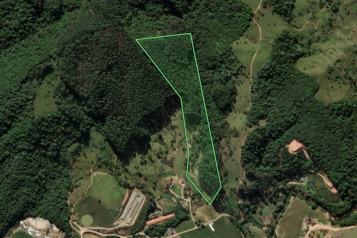 Imagem de satélite do imóvel rural em São Bonifácio (SC), com o contorno declarado no CAR desenhado por cima.