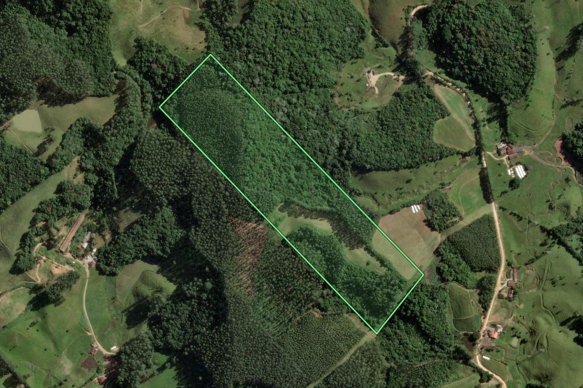 Imagem de satélite do imóvel rural em São Bonifácio (SC), com o contorno declarado no CAR desenhado por cima.