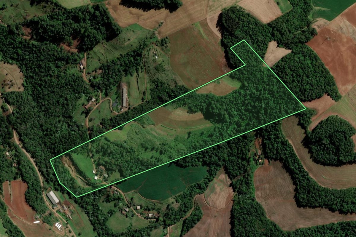 Imagem de satélite do imóvel rural em São Carlos (SC), com o contorno declarado no CAR desenhado por cima.