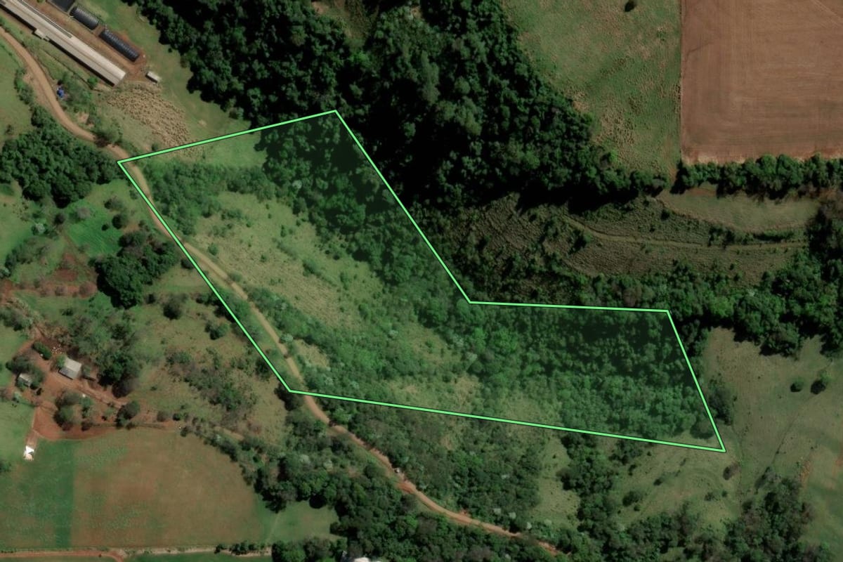 Imagem de satélite do imóvel rural em São Carlos (SC), com o contorno declarado no CAR desenhado por cima.
