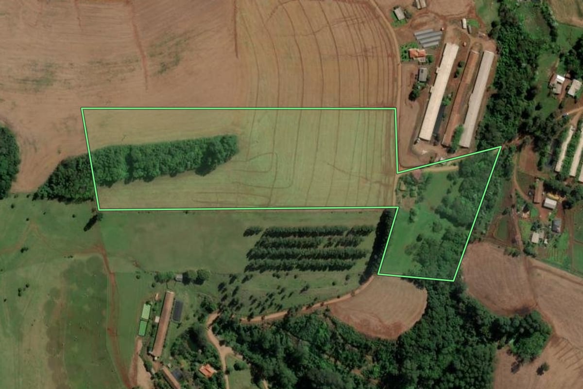 Imagem de satélite do imóvel rural em São Carlos (SC), com o contorno declarado no CAR desenhado por cima.