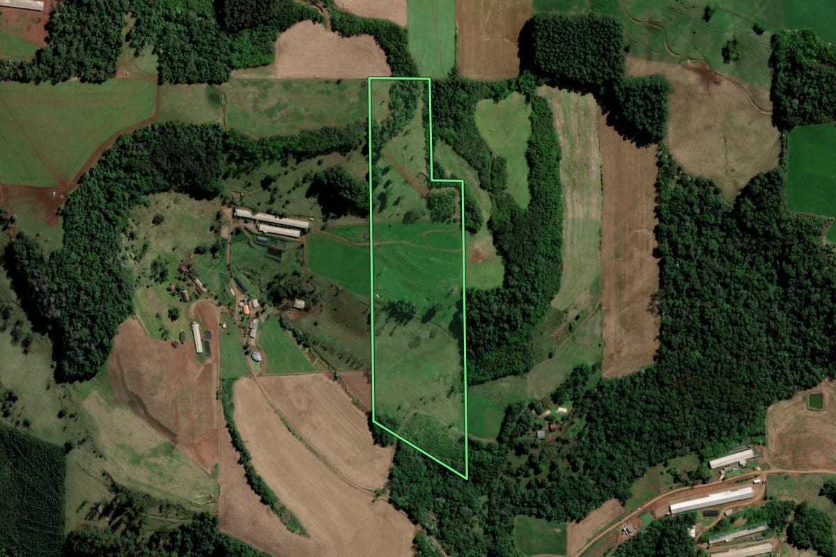 Imagem de satélite do imóvel rural em São Carlos (SC), com o contorno declarado no CAR desenhado por cima.