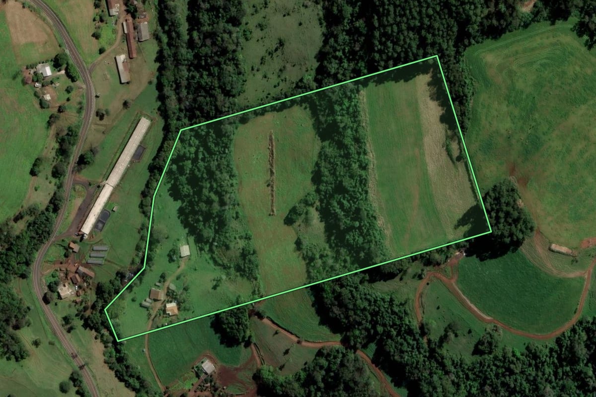 Imagem de satélite do imóvel rural em São Carlos (SC), com o contorno declarado no CAR desenhado por cima.