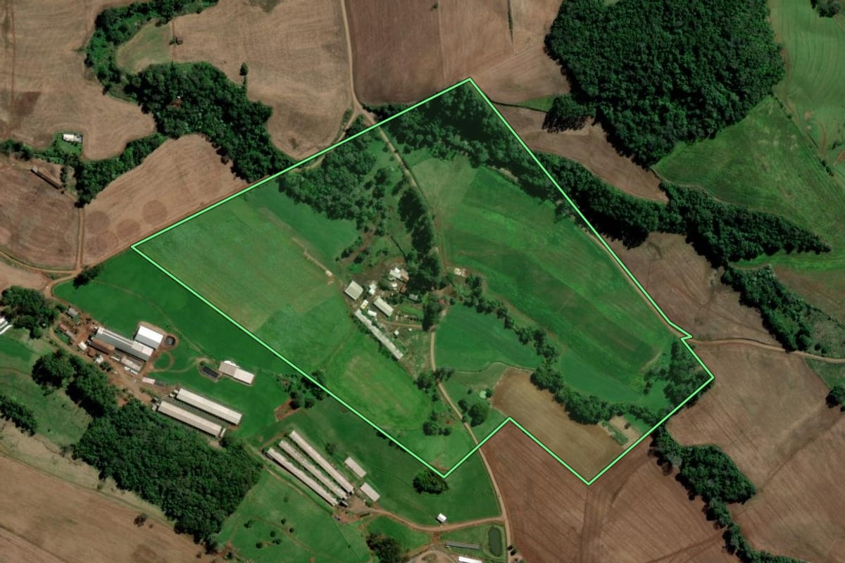 Imagem de satélite do imóvel rural em São Carlos (SC), com o contorno declarado no CAR desenhado por cima.