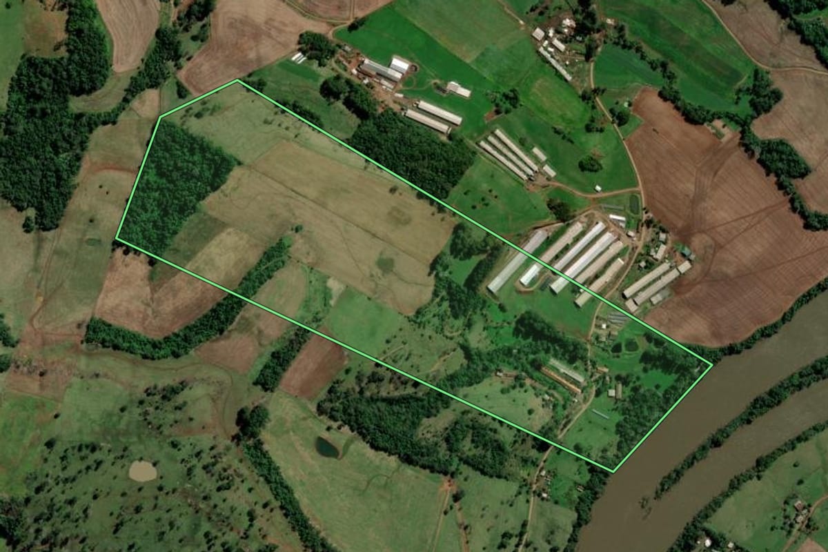 Imagem de satélite do imóvel rural em São Carlos (SC), com o contorno declarado no CAR desenhado por cima.