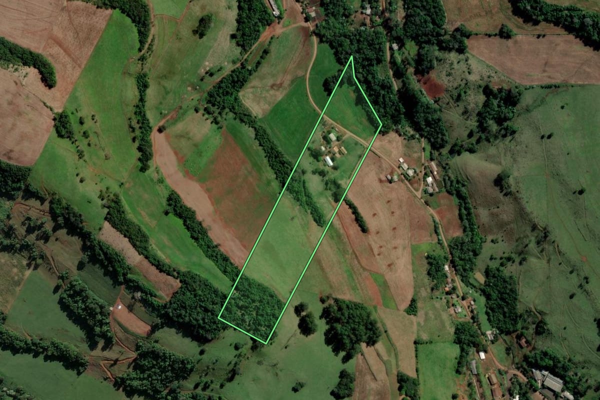 Imagem de satélite do imóvel rural em São Carlos (SC), com o contorno declarado no CAR desenhado por cima.