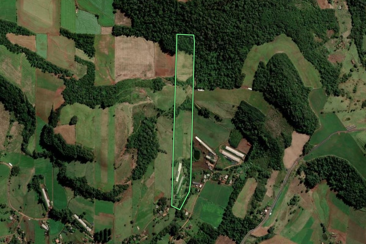 Imagem de satélite do imóvel rural em São Carlos (SC), com o contorno declarado no CAR desenhado por cima.
