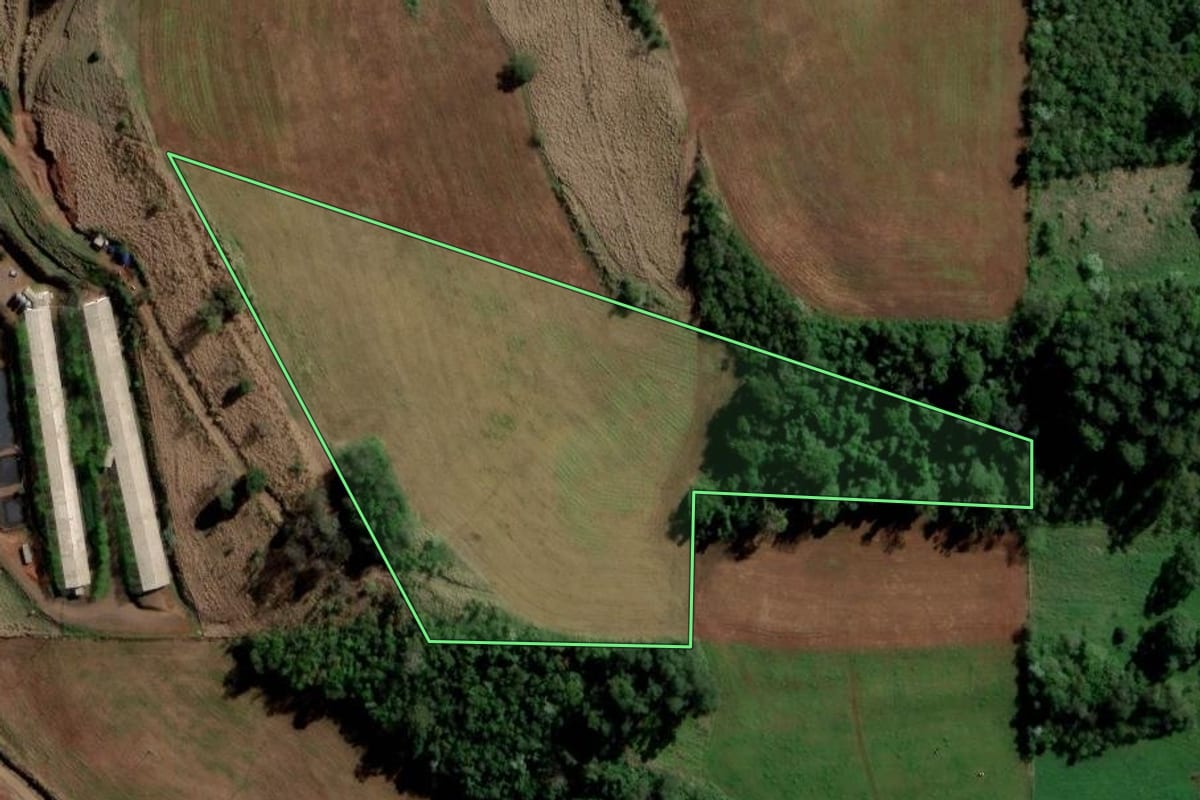 Imagem de satélite do imóvel rural em São Carlos (SC), com o contorno declarado no CAR desenhado por cima.