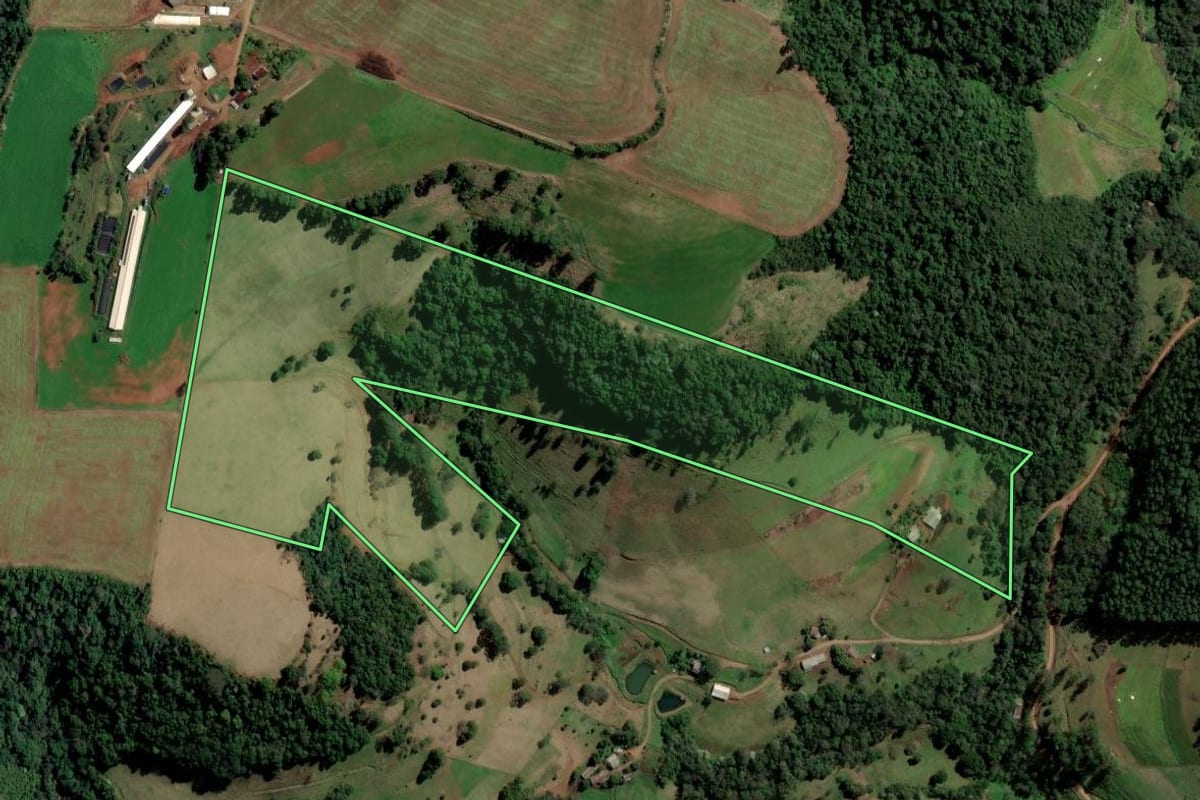Imagem de satélite do imóvel rural em São Carlos (SC), com o contorno declarado no CAR desenhado por cima.