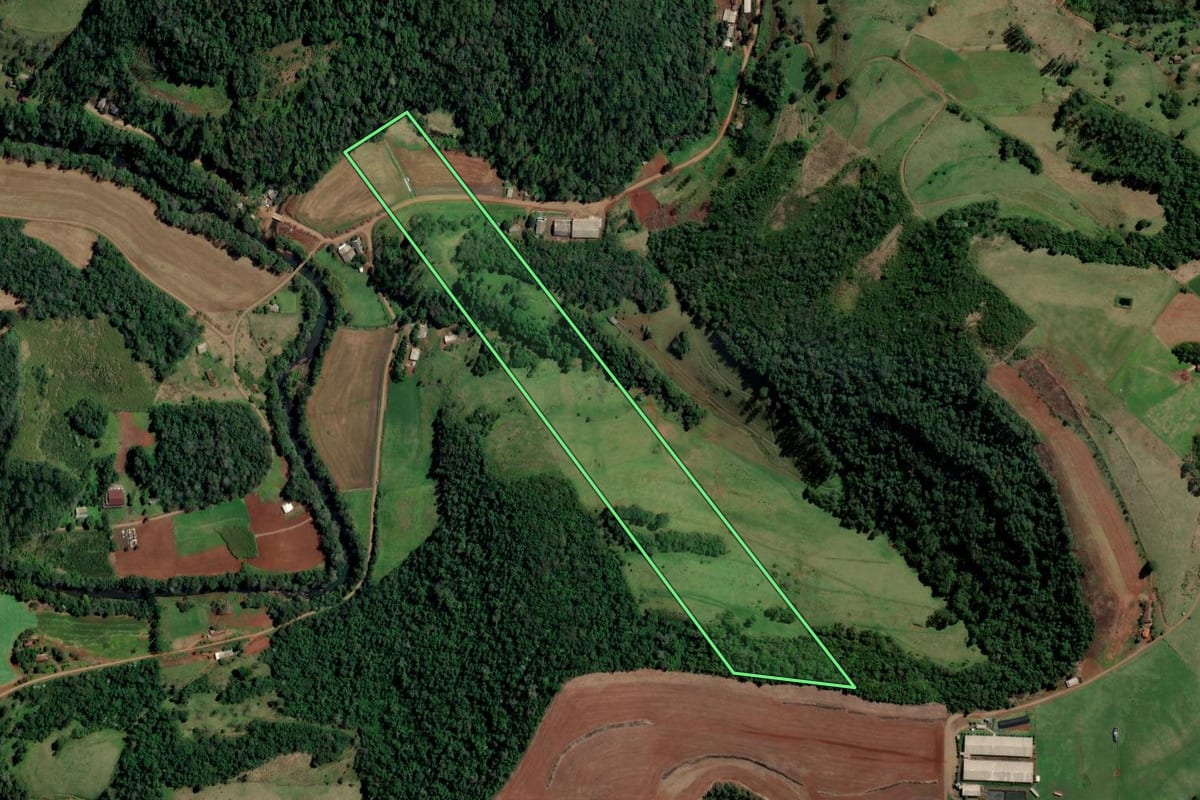Imagem de satélite do imóvel rural em São Carlos (SC), com o contorno declarado no CAR desenhado por cima.