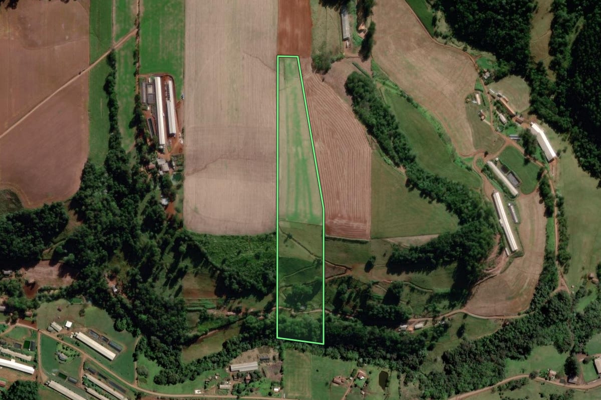 Imagem de satélite do imóvel rural em São Carlos (SC), com o contorno declarado no CAR desenhado por cima.