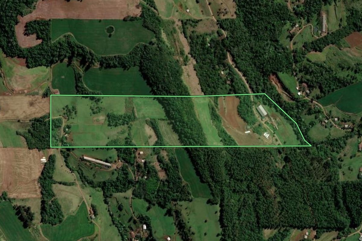 Imagem de satélite do imóvel rural em São Carlos (SC), com o contorno declarado no CAR desenhado por cima.