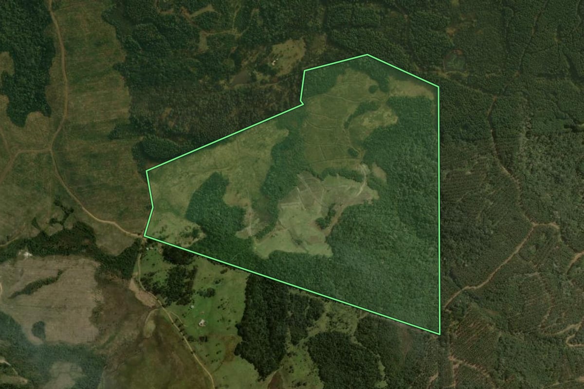 Imagem de satélite do imóvel rural em São Cristóvão do Sul (SC), com o contorno declarado no CAR desenhado por cima.