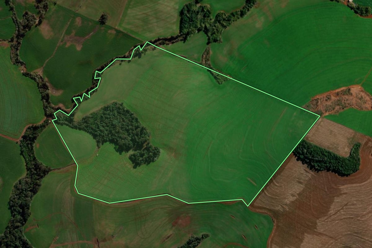 Imagem de satélite do imóvel rural em São Domingos (SC), com o contorno declarado no CAR desenhado por cima.