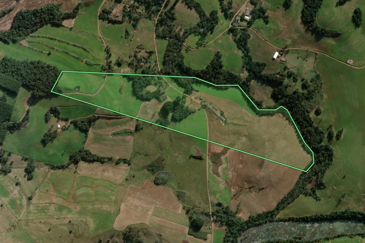 Imagem de satélite do imóvel rural em São Domingos (SC), com o contorno declarado no CAR desenhado por cima.
