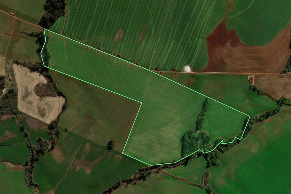 Imagem de satélite do imóvel rural em São Domingos (SC), com o contorno declarado no CAR desenhado por cima.