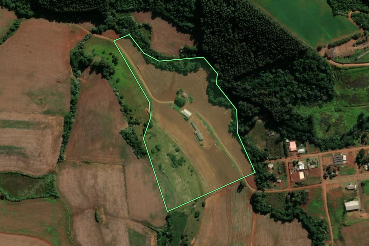 Imagem de satélite do imóvel rural em São Domingos (SC), com o contorno declarado no CAR desenhado por cima.