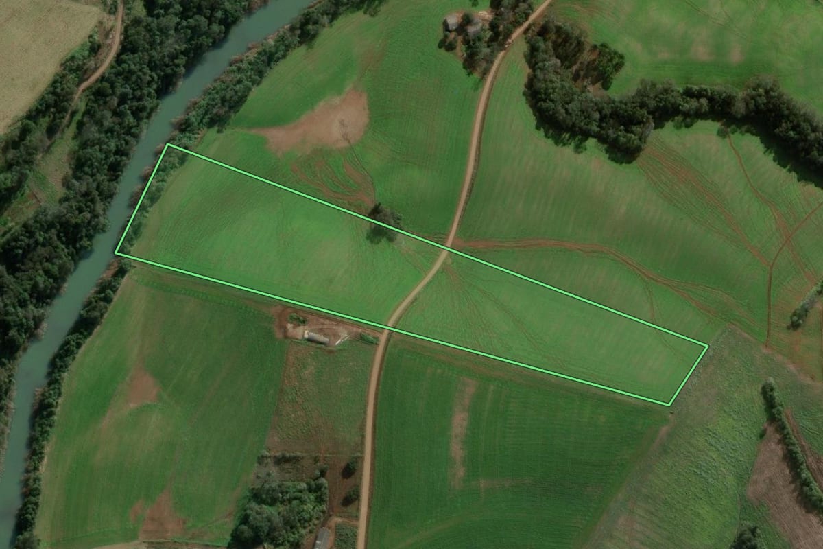 Imagem de satélite do imóvel rural em São Domingos (SC), com o contorno declarado no CAR desenhado por cima.