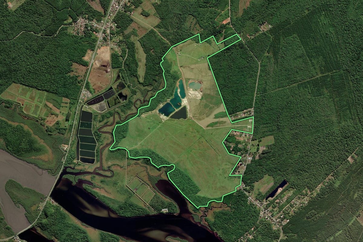 Imagem de satélite do imóvel rural em São Francisco do Sul (SC), com o contorno declarado no CAR desenhado por cima.