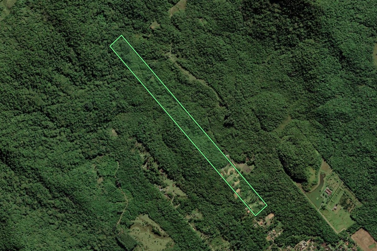 Imagem de satélite do imóvel rural em São Francisco do Sul (SC), com o contorno declarado no CAR desenhado por cima.