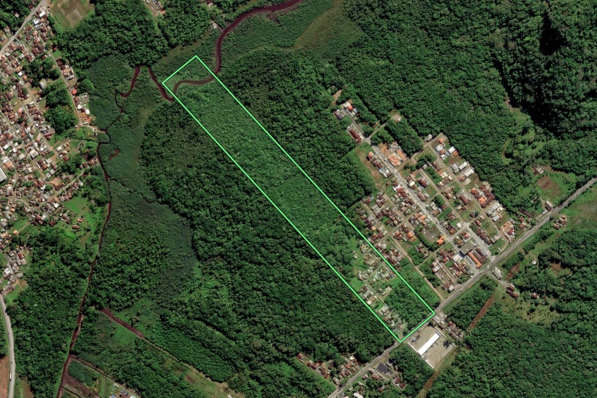Imagem de satélite do imóvel rural em São Francisco do Sul (SC), com o contorno declarado no CAR desenhado por cima.