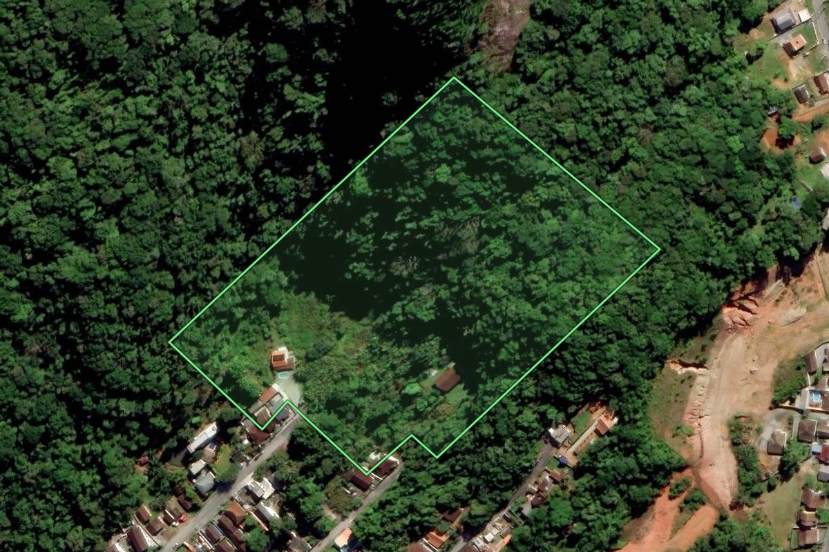 Imagem de satélite do imóvel rural em São Francisco do Sul (SC), com o contorno declarado no CAR desenhado por cima.