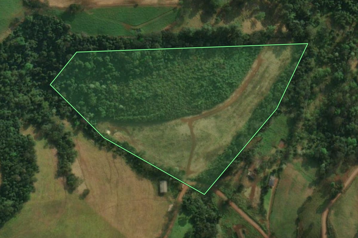 Imagem de satélite do imóvel rural em São João do Oeste (SC), com o contorno declarado no CAR desenhado por cima.