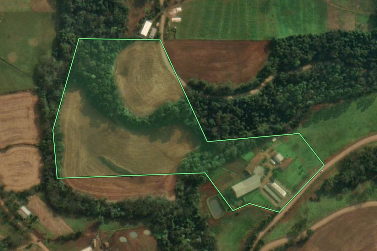 Imagem de satélite do imóvel rural em São João do Oeste (SC), com o contorno declarado no CAR desenhado por cima.