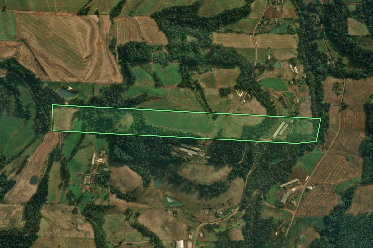 Imagem de satélite do imóvel rural em São João do Oeste (SC), com o contorno declarado no CAR desenhado por cima.