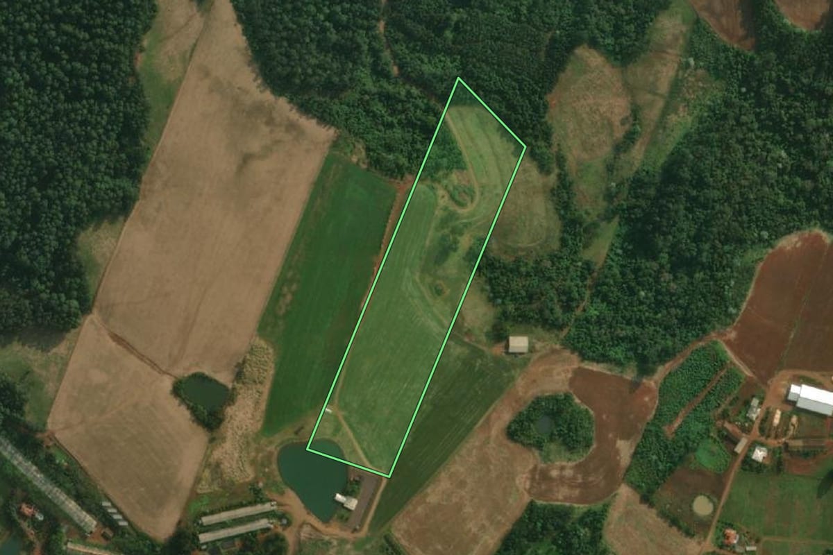 Imagem de satélite do imóvel rural em São João do Oeste (SC), com o contorno declarado no CAR desenhado por cima.