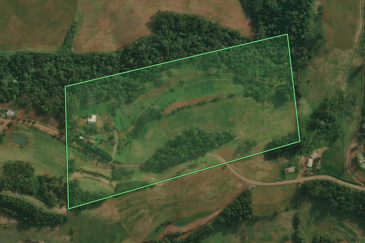 Imagem de satélite do imóvel rural em São João do Oeste (SC), com o contorno declarado no CAR desenhado por cima.