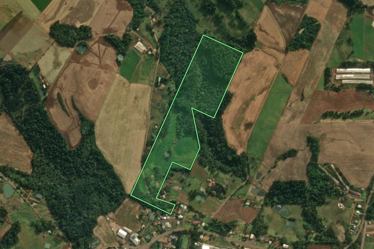 Imagem de satélite do imóvel rural em São João do Oeste (SC), com o contorno declarado no CAR desenhado por cima.