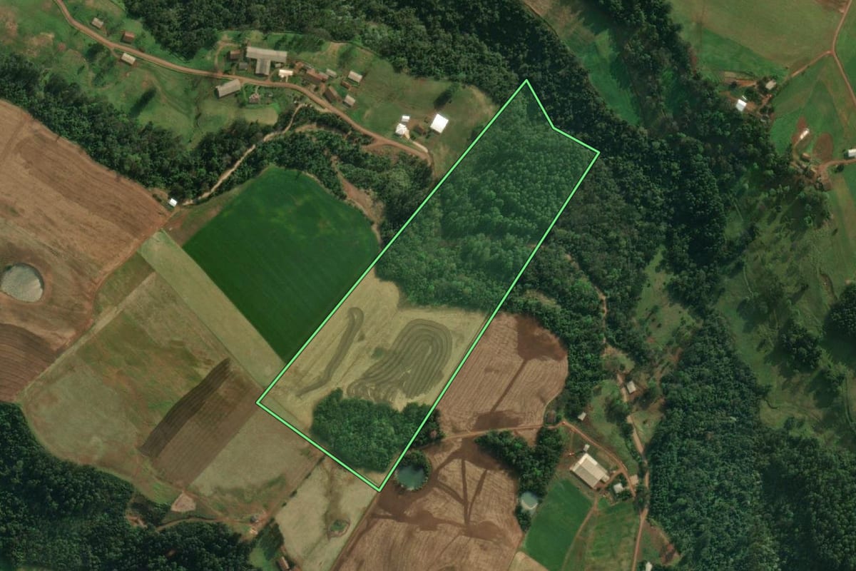 Imagem de satélite do imóvel rural em São João do Oeste (SC), com o contorno declarado no CAR desenhado por cima.