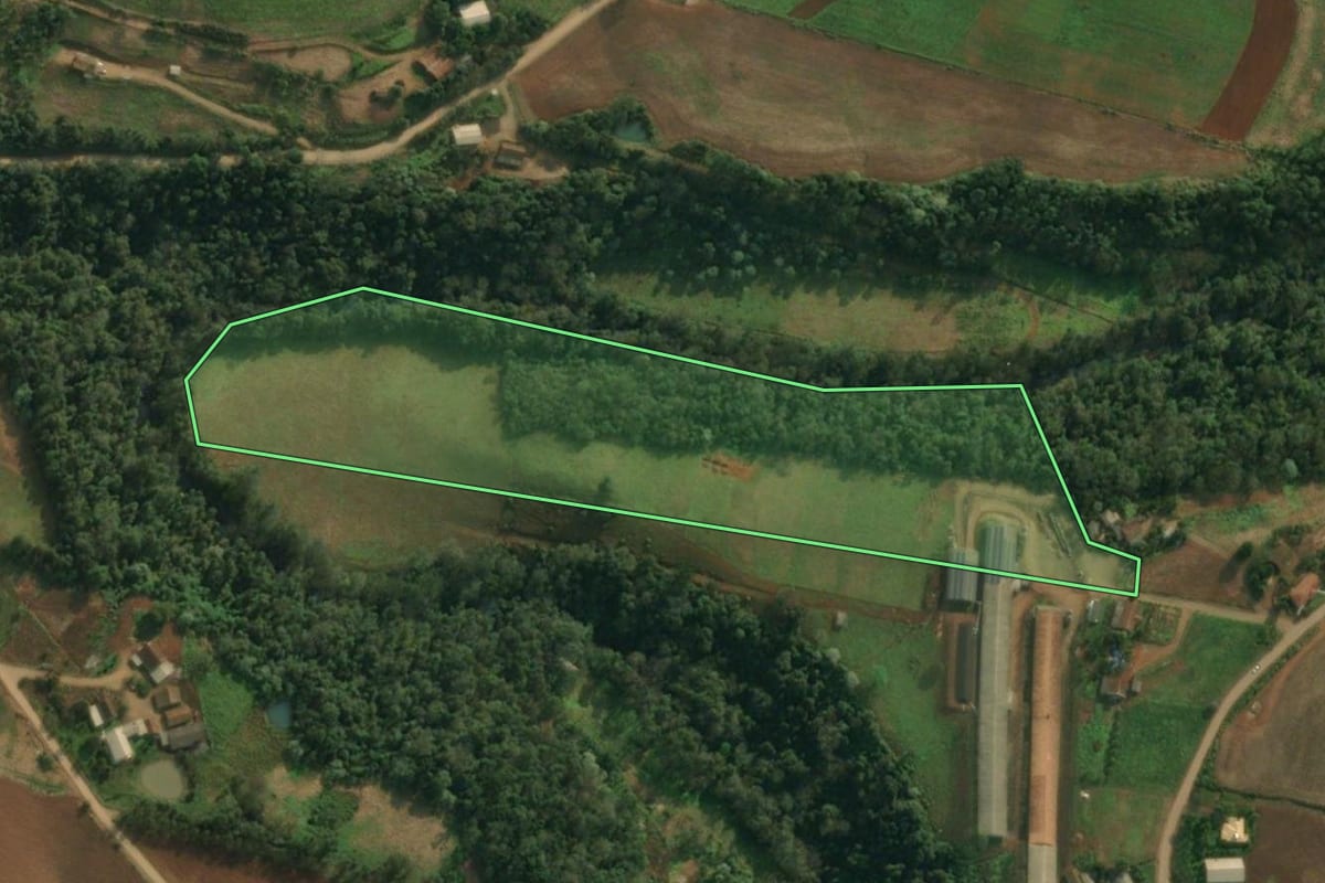 Imagem de satélite do imóvel rural em São João do Oeste (SC), com o contorno declarado no CAR desenhado por cima.