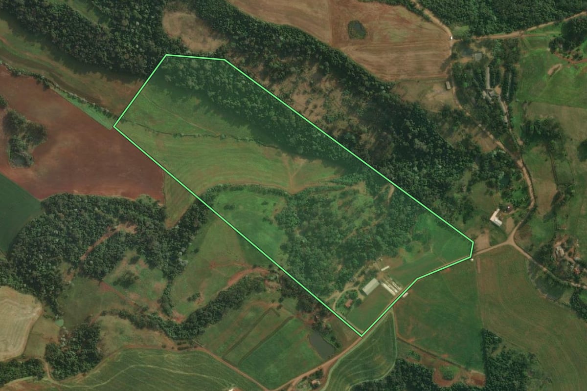 Imagem de satélite do imóvel rural em São João do Oeste (SC), com o contorno declarado no CAR desenhado por cima.